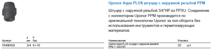 Uponor Aqua PLUS штуцер с наружной резьбой PPM